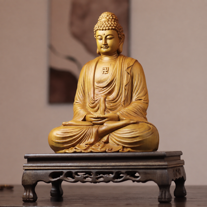 Amitabha Meditation Buddha Statue in Cypress Wood — Product photo 2
