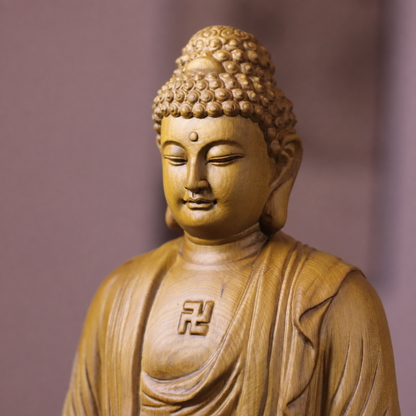 Amitabha Meditation Buddha Statue in Cypress Wood — Product photo 4