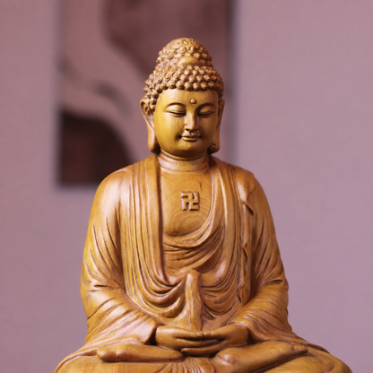 Amitabha Meditation Buddha Statue in Cypress Wood — Product photo 5