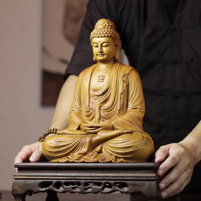 Amitabha Meditation Buddha Statue in Cypress Wood — Product photo 3