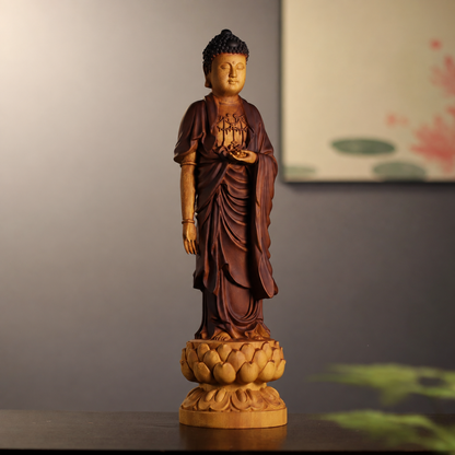 Standing Amitabha Buddha with Lotus in Solid Wood — Product photo 3