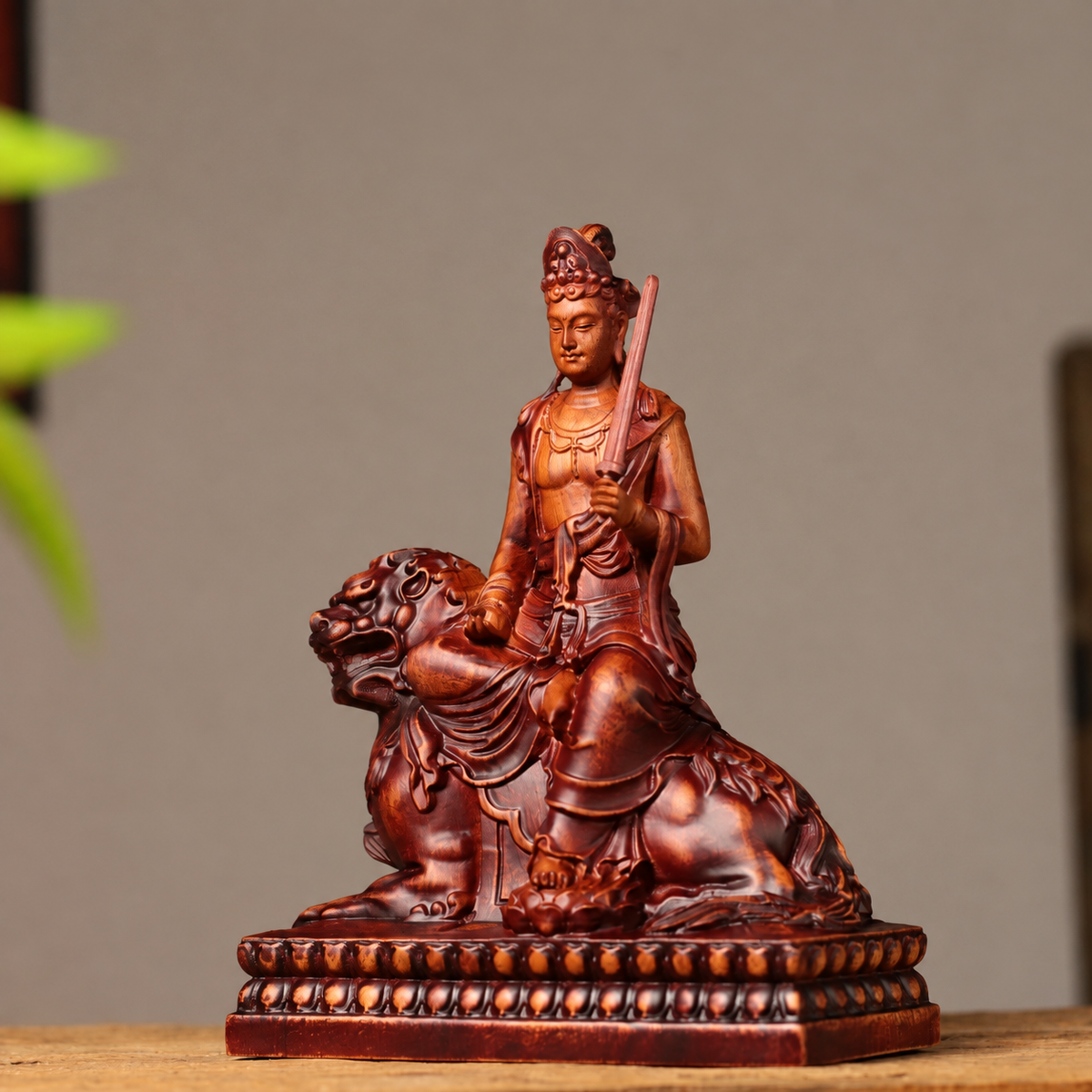 Manjushri on Lion Statue in Antique-Finish Padauk — Product photo 1