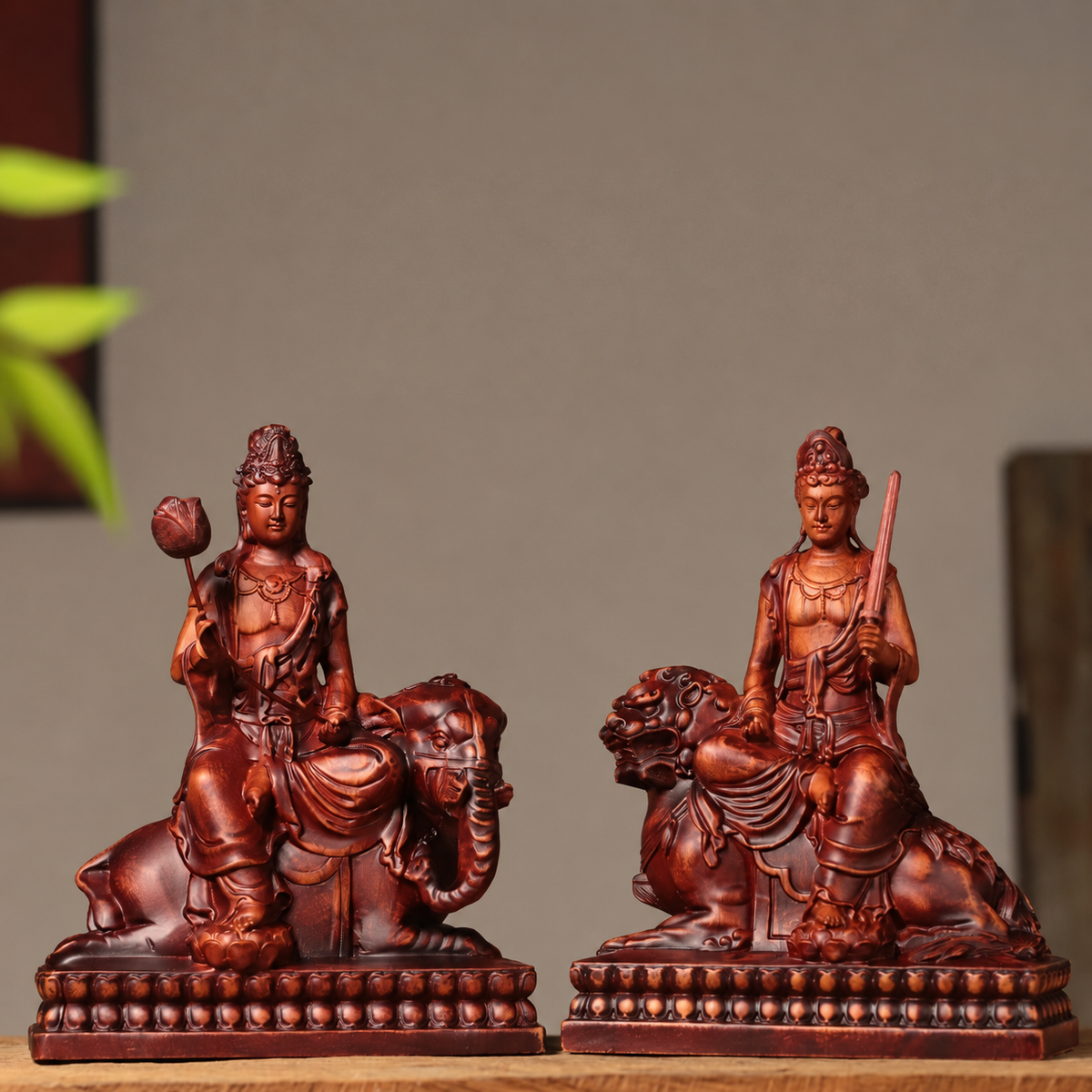 Manjushri on Lion Statue in Antique-Finish Padauk — Product photo 4