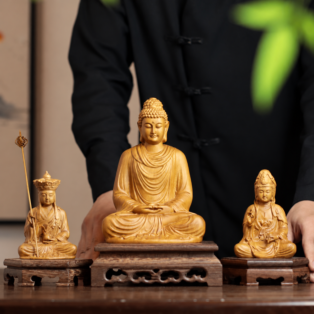 Shakyamuni, Guanyin & Kshitigarbha Cypress Statue Set