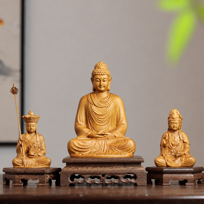 Shakyamuni, Guanyin & Kshitigarbha Cypress Statue Set