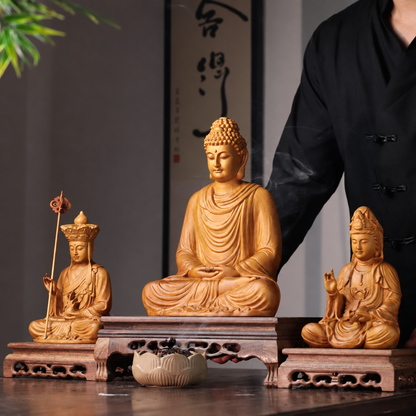 Shakyamuni, Guanyin & Kshitigarbha Cypress Statue Set