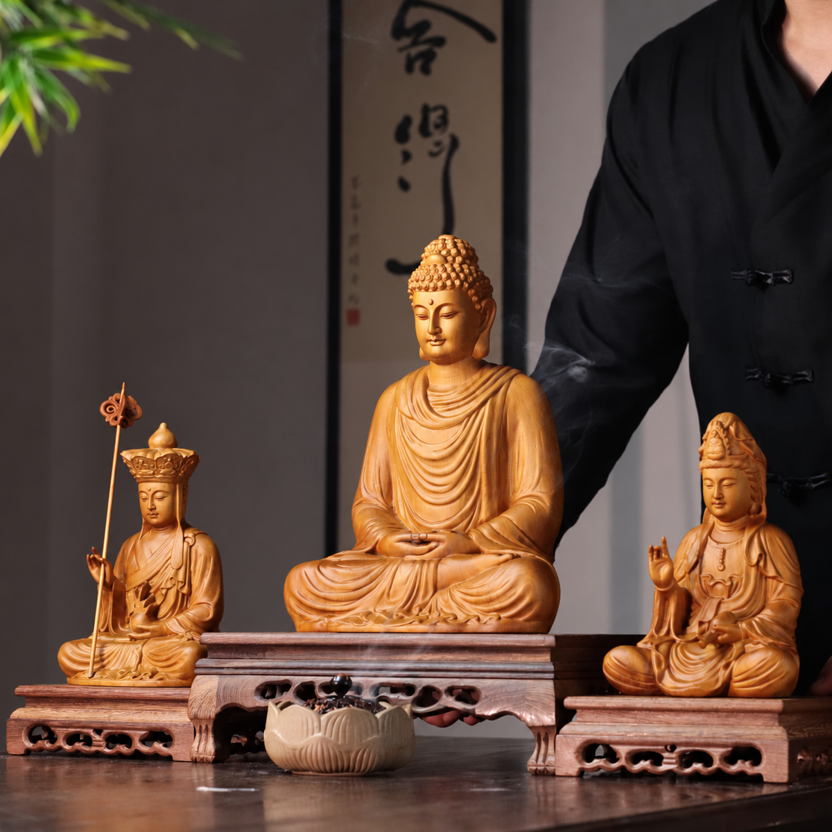 Shakyamuni, Guanyin & Kshitigarbha Cypress Statue Set