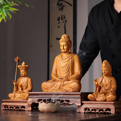 Shakyamuni, Guanyin & Kshitigarbha Cypress Statue Set