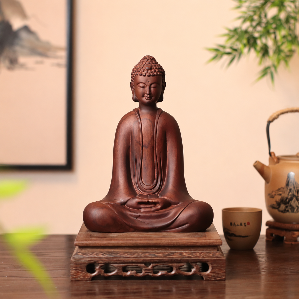 Seated Meditation Buddha in Natural Padauk Wood