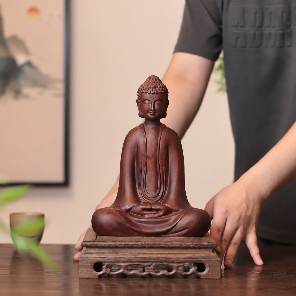 Seated Meditation Buddha in Natural Padauk Wood