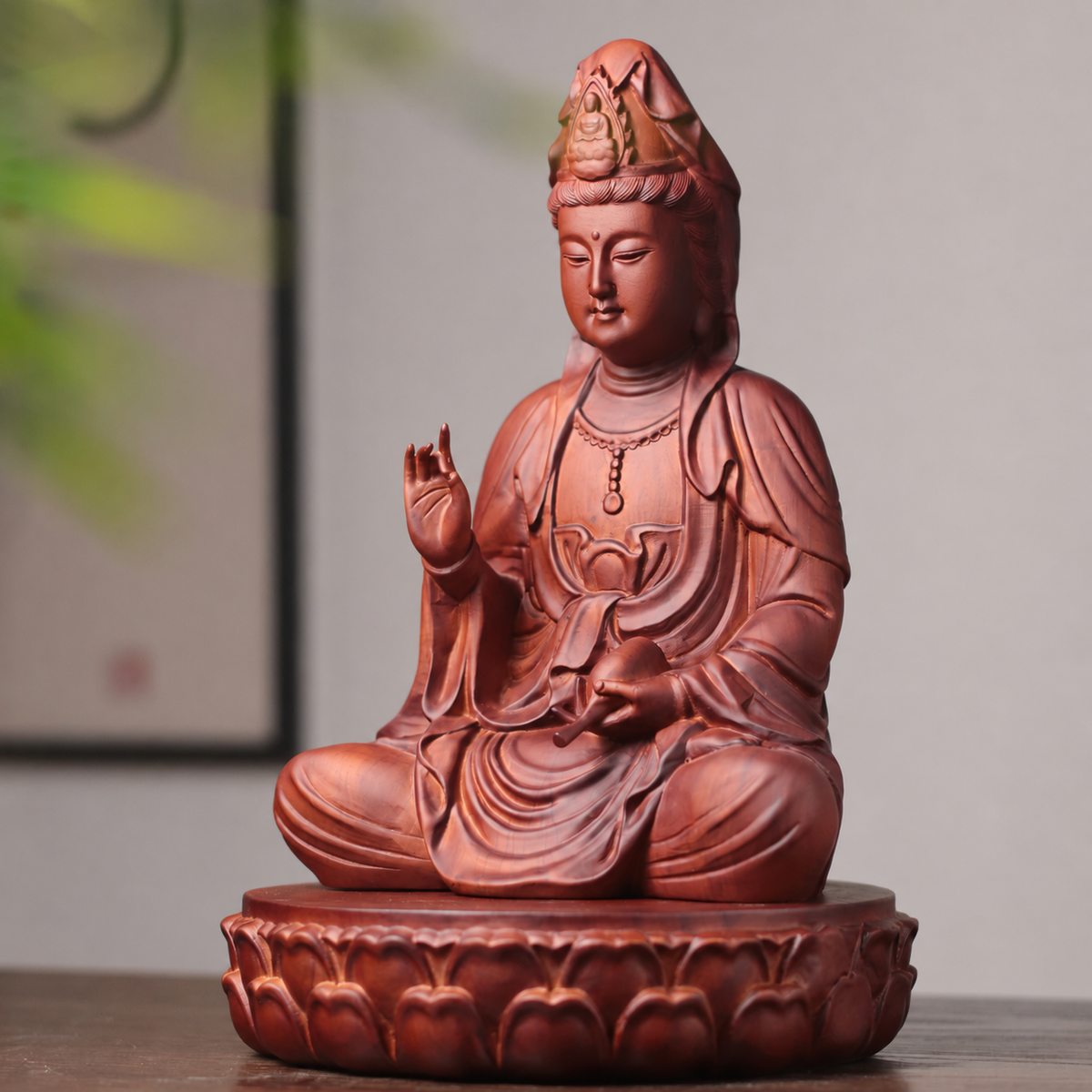 Guanyin Statue with Lotus Base Option in Huali Wood