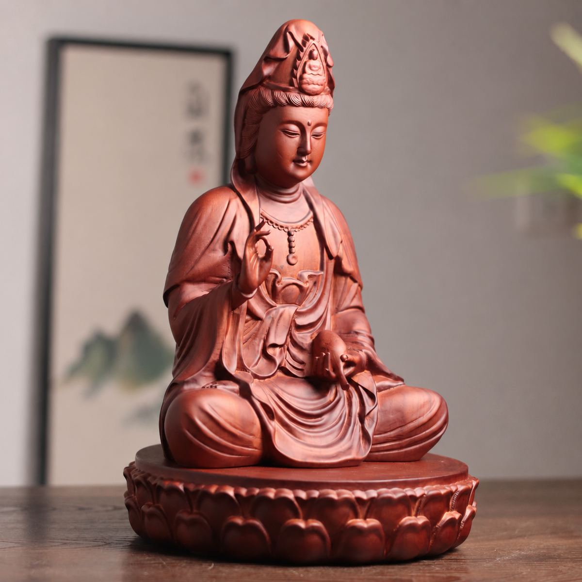 Guanyin Statue with Lotus Base Option in Huali Wood