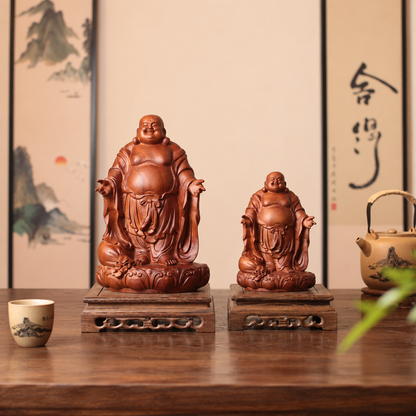 Open-Arms Laughing Buddha in Padauk Wood