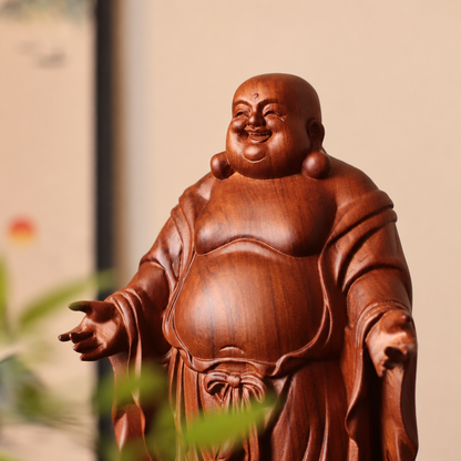 Open-Arms Laughing Buddha in Padauk Wood