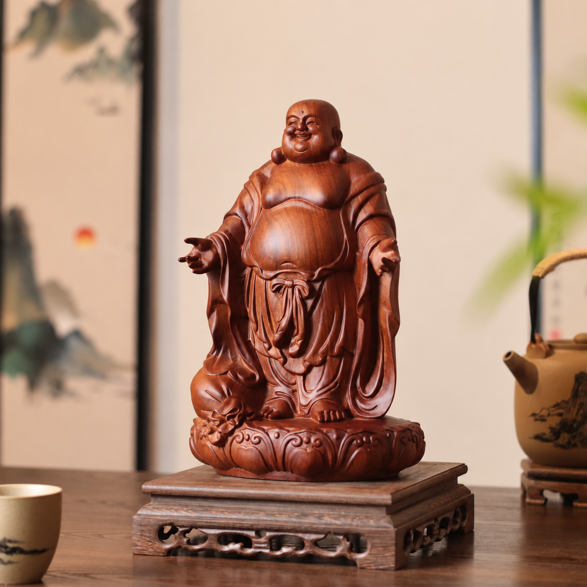 Open-Arms Laughing Buddha in Padauk Wood