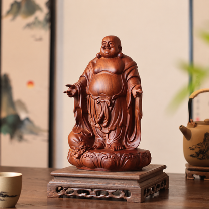 Open-Arms Laughing Buddha in Padauk Wood