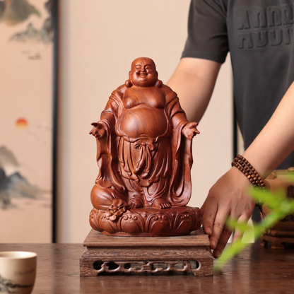 Open-Arms Laughing Buddha in Padauk Wood