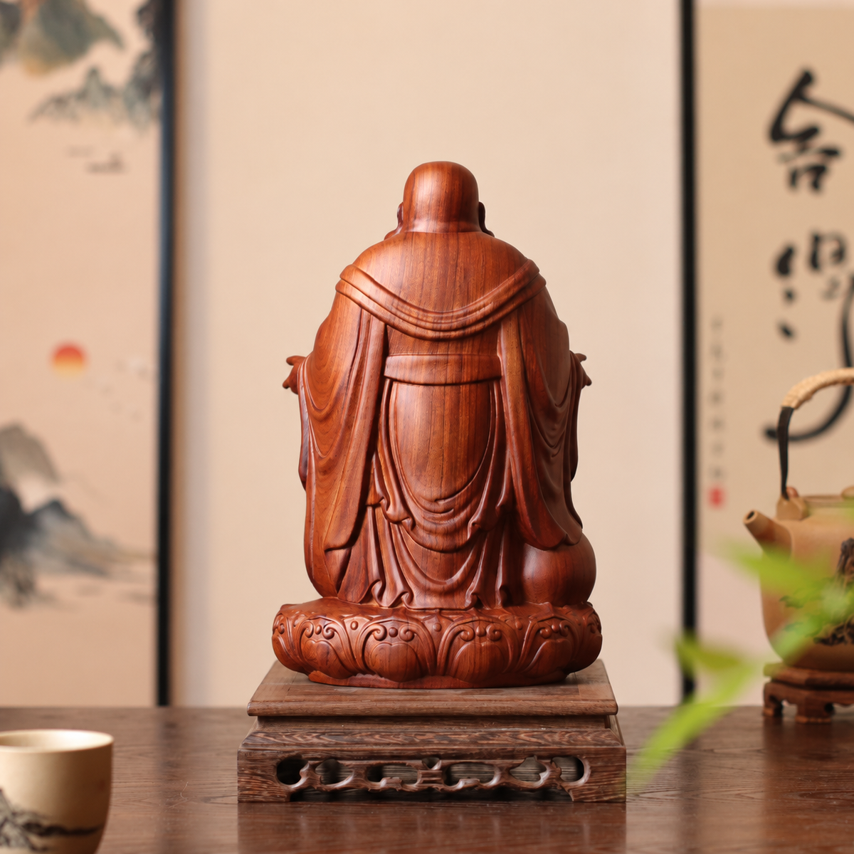 Open-Arms Laughing Buddha in Padauk Wood