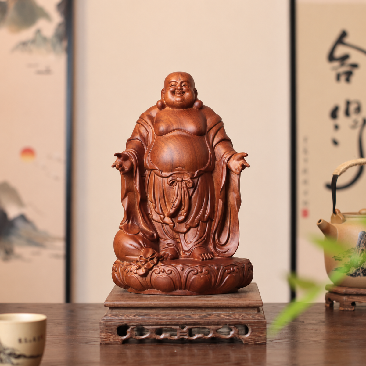 Open-Arms Laughing Buddha in Padauk Wood
