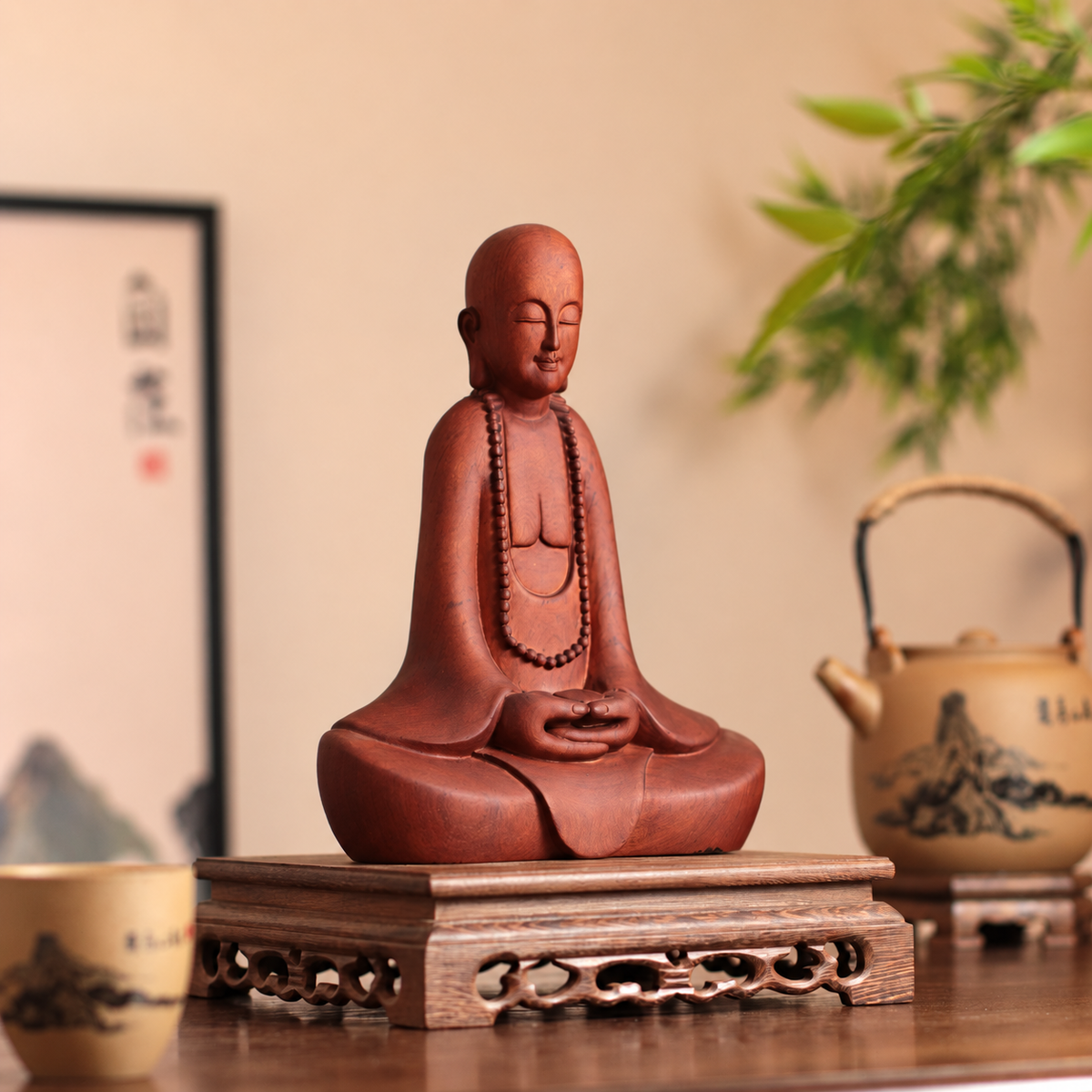 Meditating Zen Monk with Beads in Padauk Wood