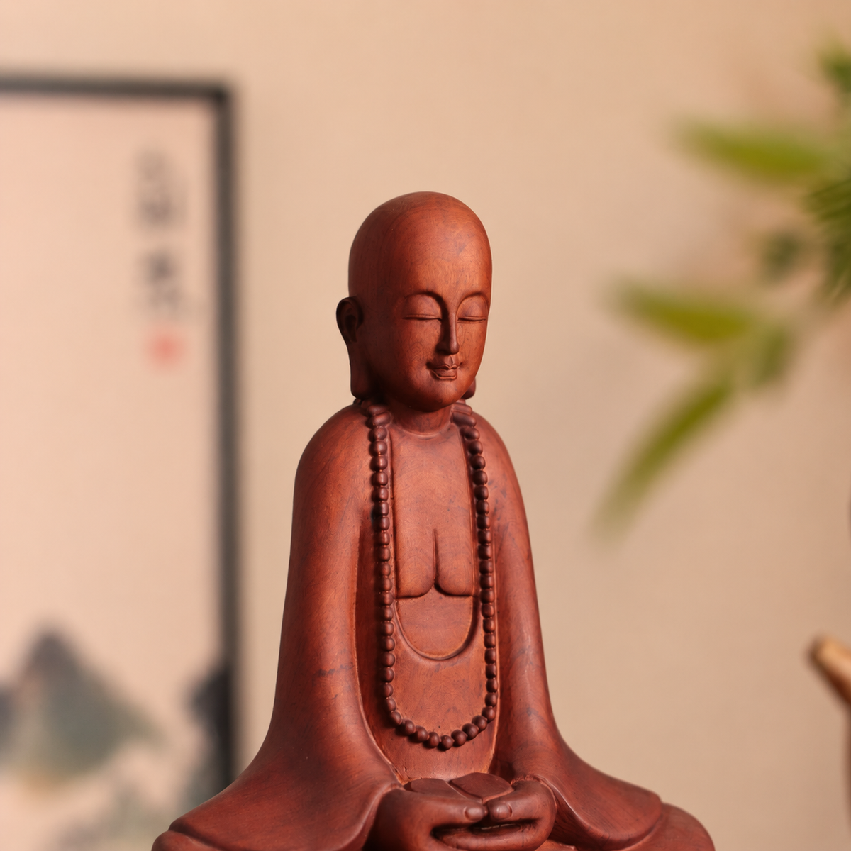 Meditating Zen Monk with Beads in Padauk Wood