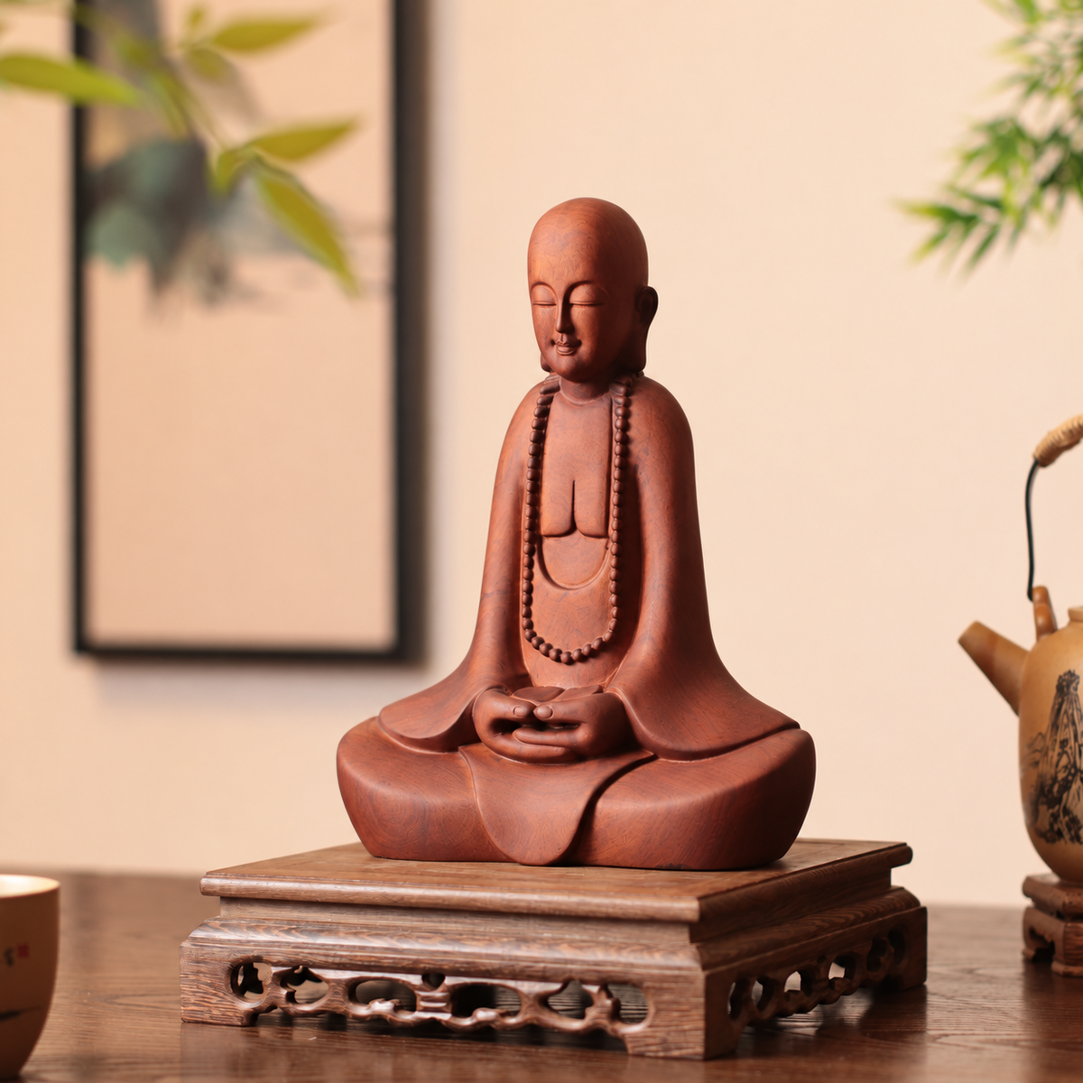 Meditating Zen Monk with Beads in Padauk Wood
