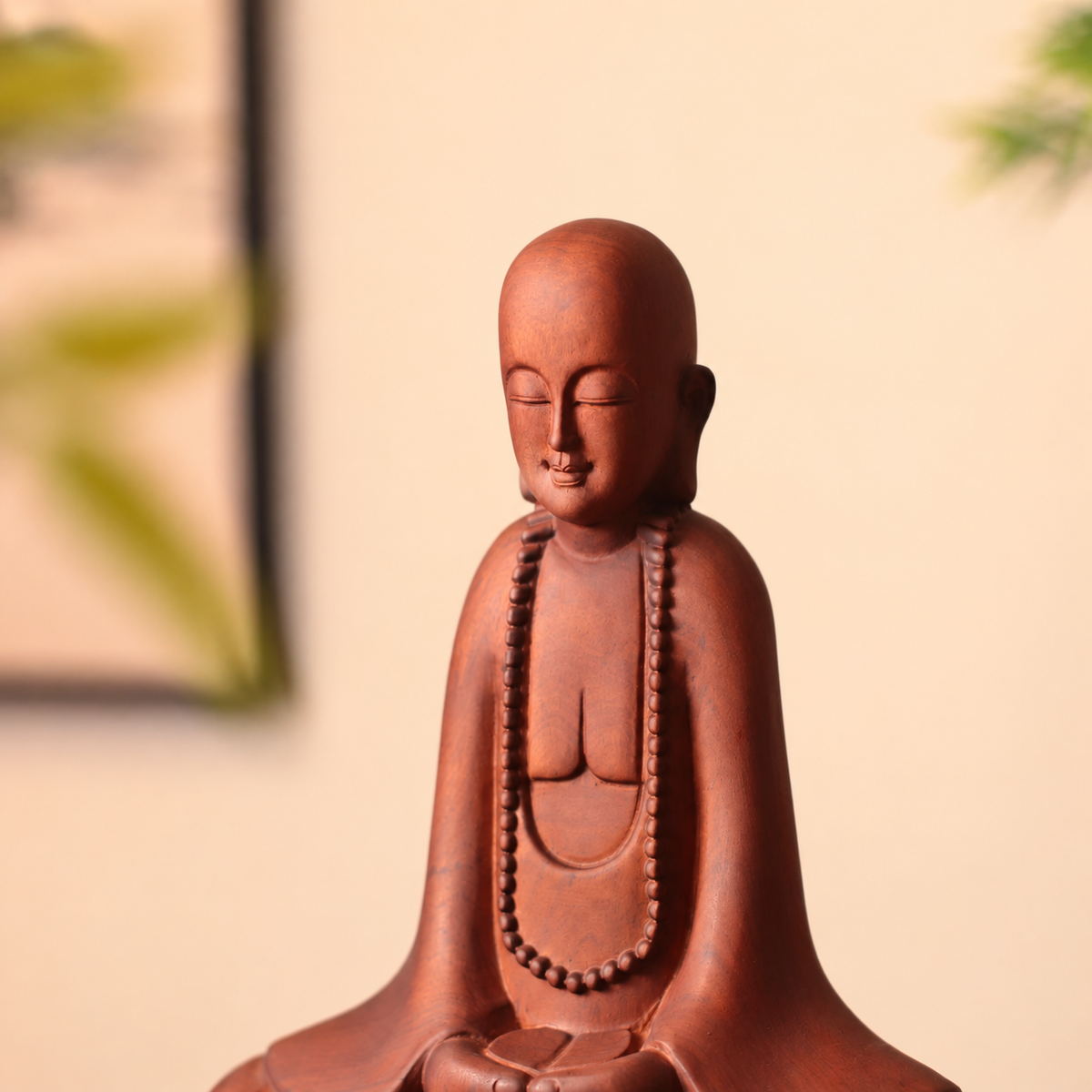Meditating Zen Monk with Beads in Padauk Wood