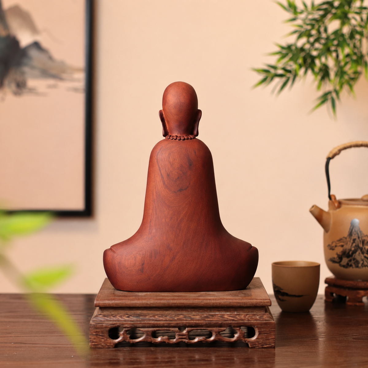 Meditating Zen Monk with Beads in Padauk Wood