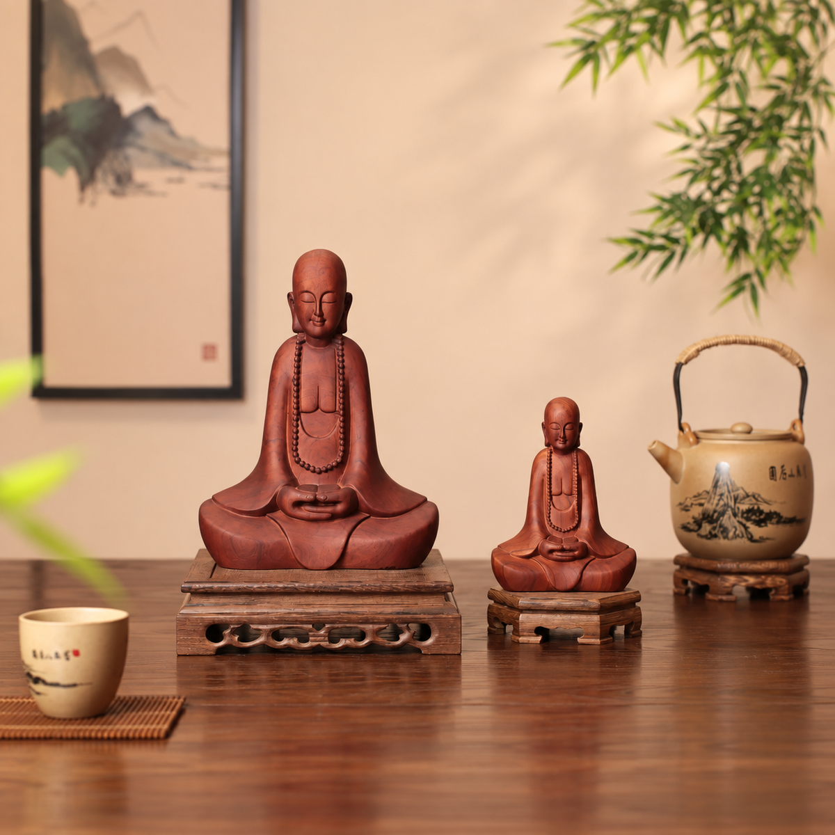 Meditating Zen Monk with Beads in Padauk Wood