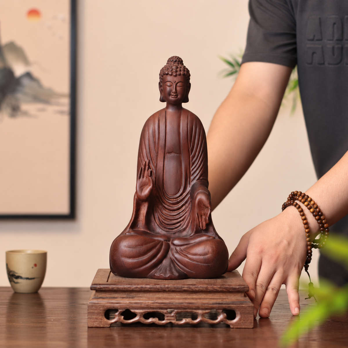 Seated Abhaya Buddha Statue in Huali Wood
