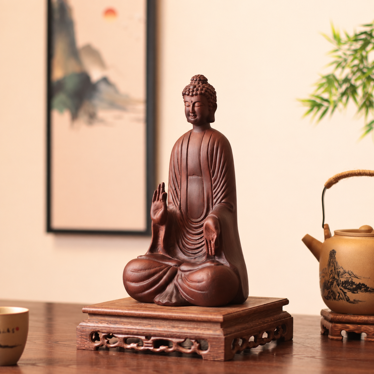 Seated Abhaya Buddha Statue in Huali Wood