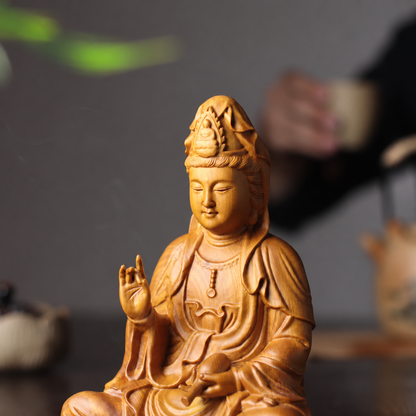 Seated Guanyin Statue in Cypress Wood