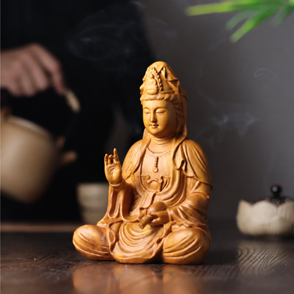 Seated Guanyin Statue in Cypress Wood