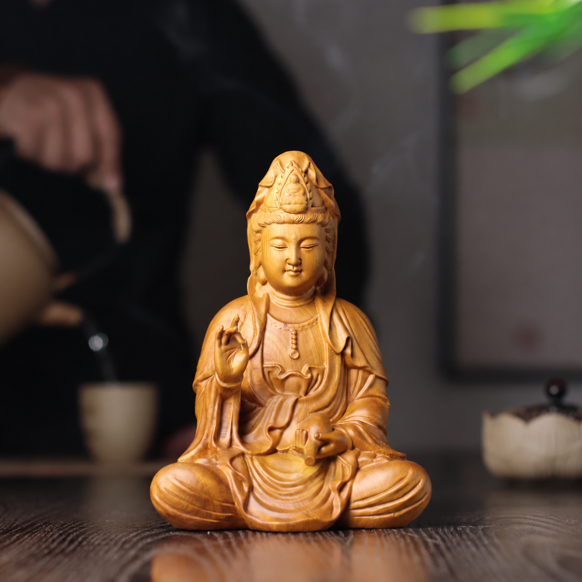 Seated Guanyin Statue in Cypress Wood