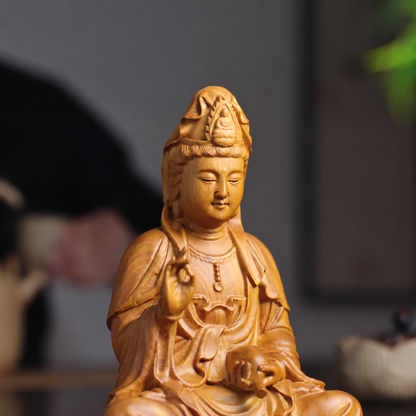 Seated Guanyin Statue in Cypress Wood