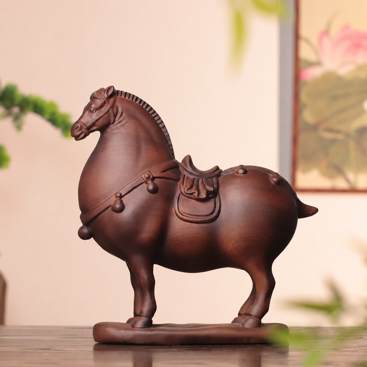 Tang-Style Horse Sculpture in Huali Wood