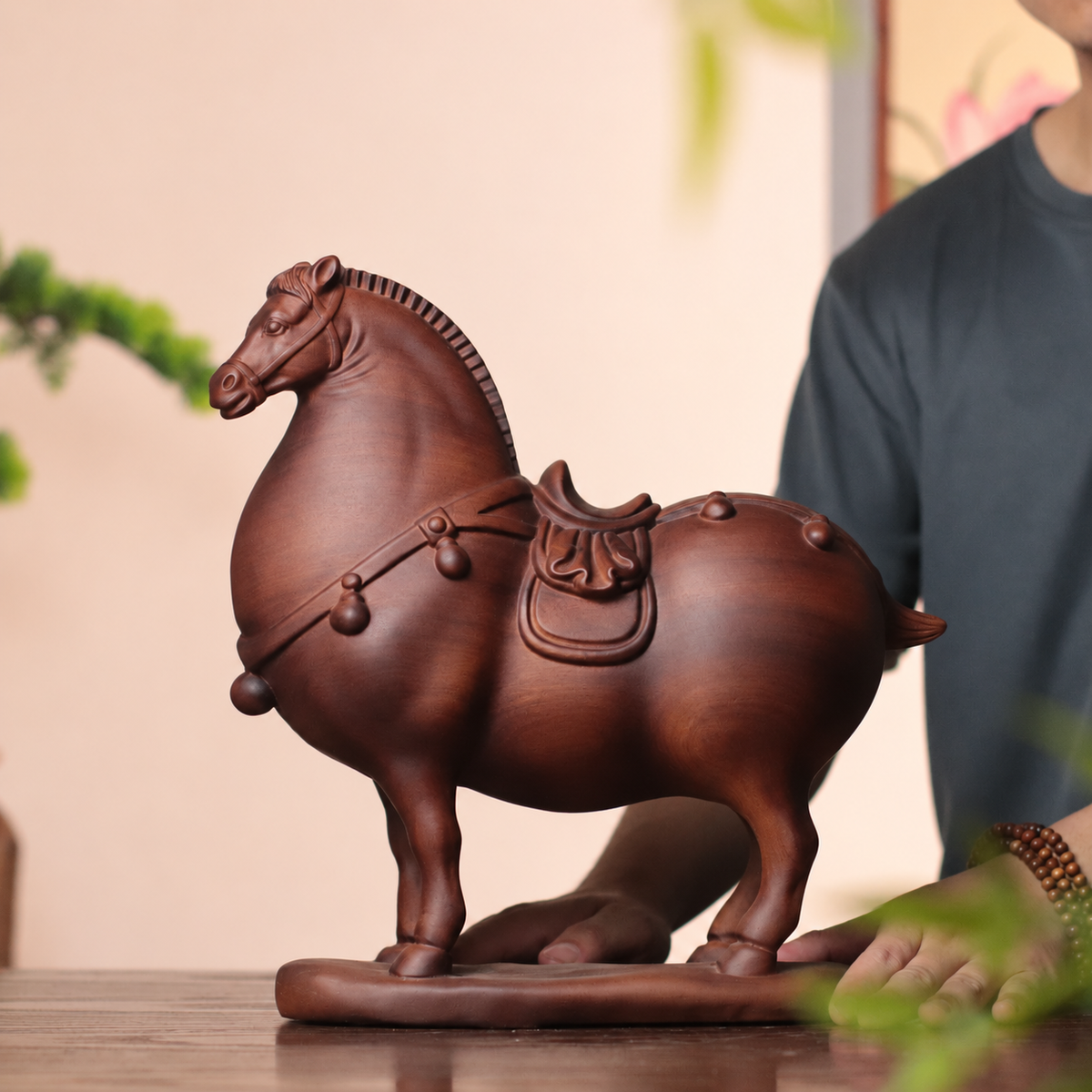 Tang-Style Horse Sculpture in Huali Wood