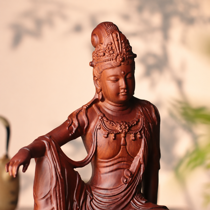 Relaxed-Seated Guanyin Statue in Huali Wood