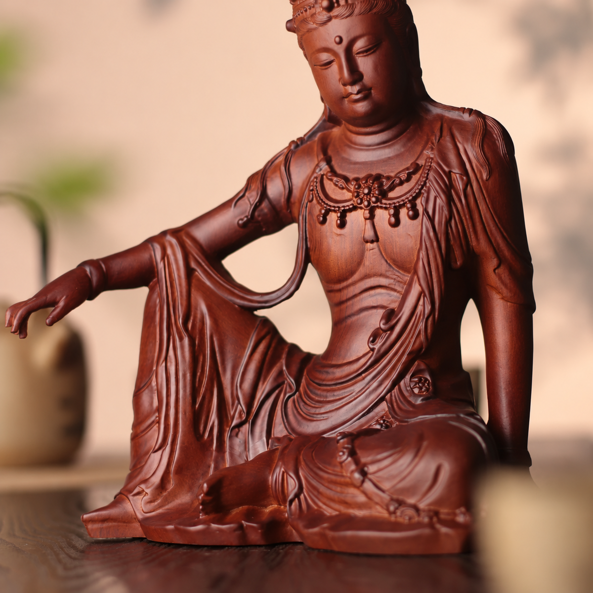 Relaxed-Seated Guanyin Statue in Huali Wood