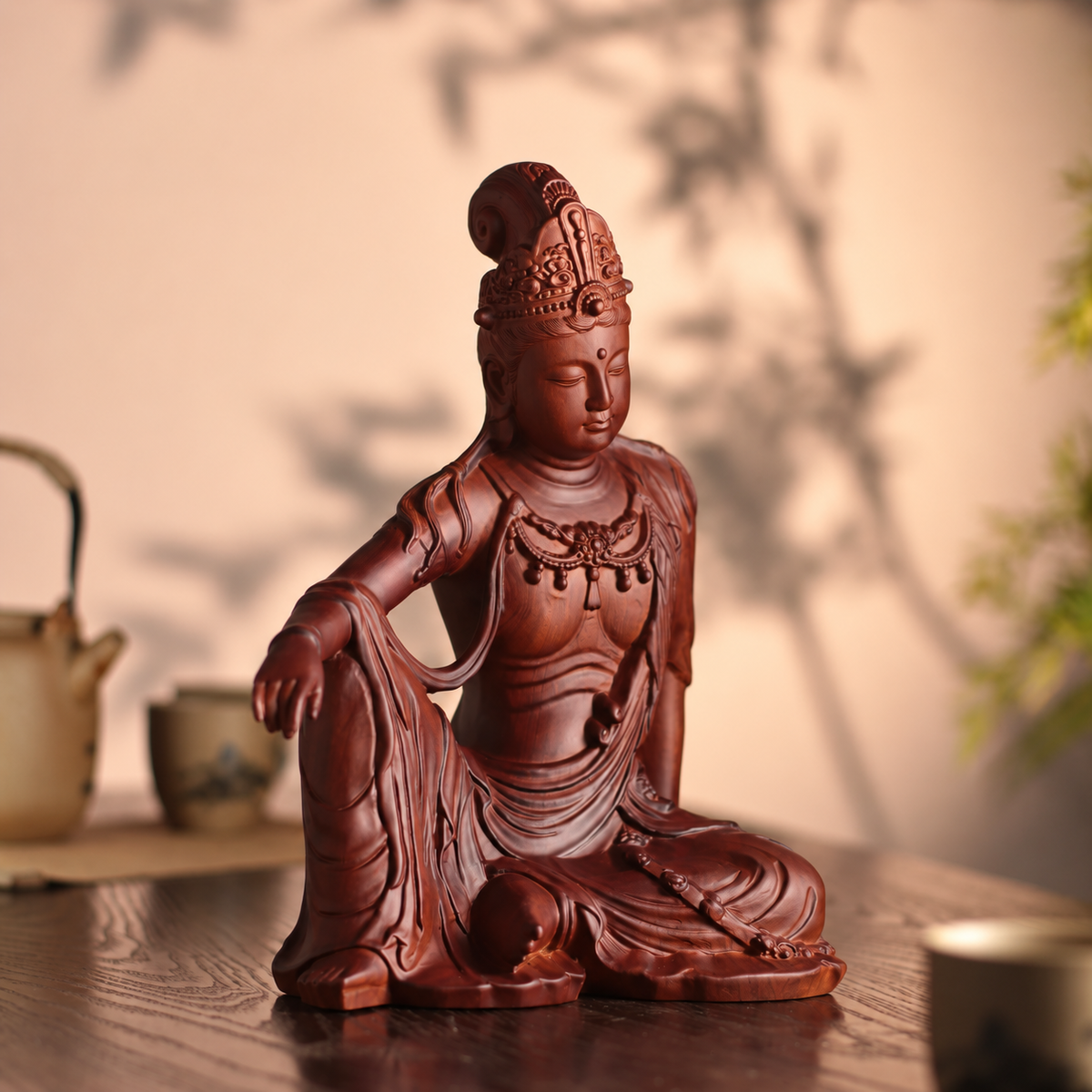 Relaxed-Seated Guanyin Statue in Huali Wood