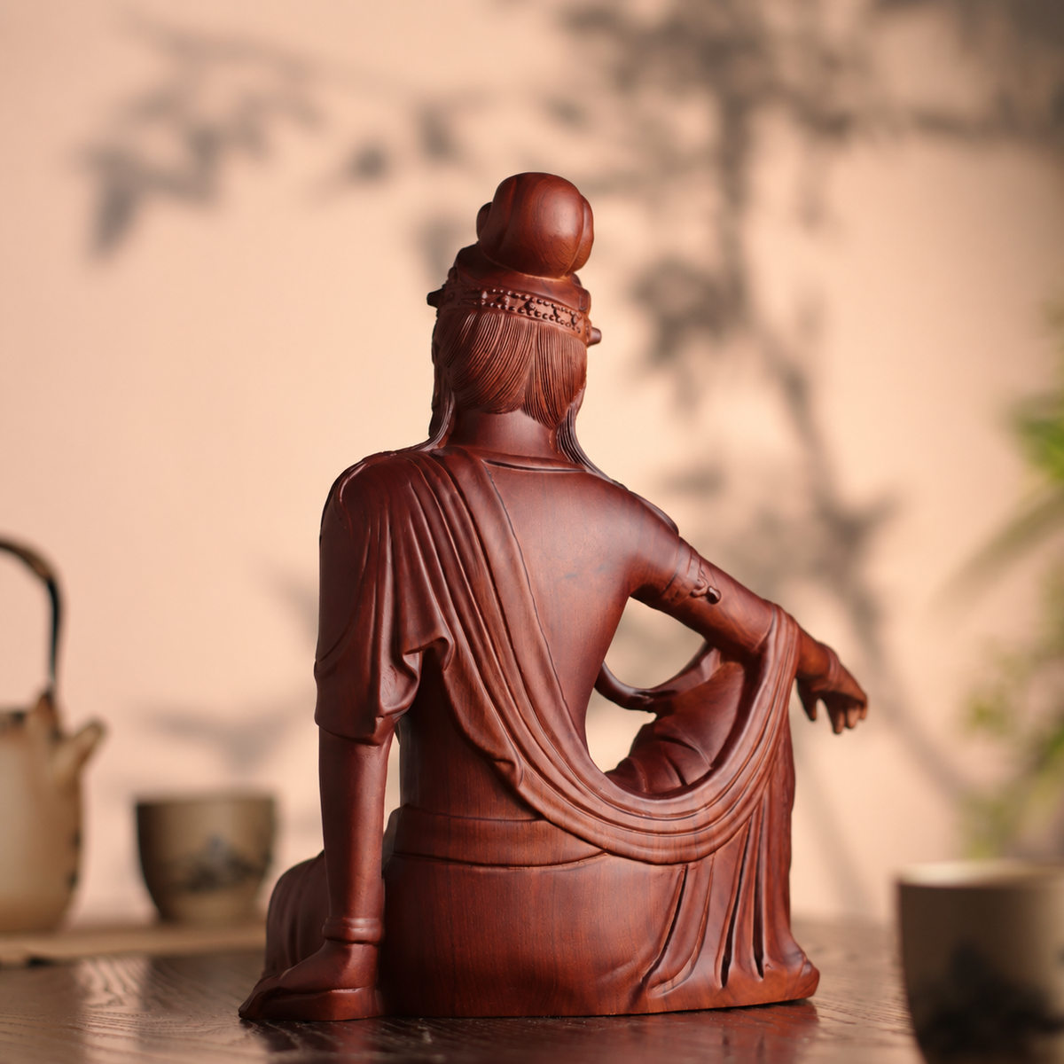 Relaxed-Seated Guanyin Statue in Huali Wood