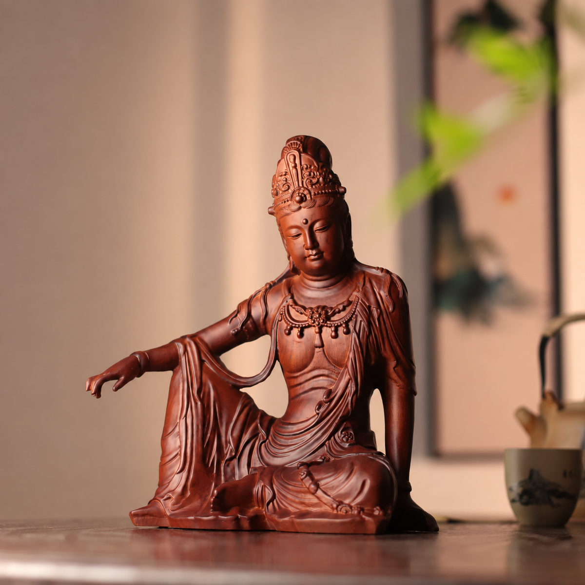 Relaxed-Seated Guanyin Statue in Huali Wood