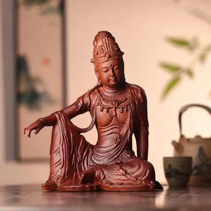 Relaxed-Seated Guanyin Statue in Huali Wood