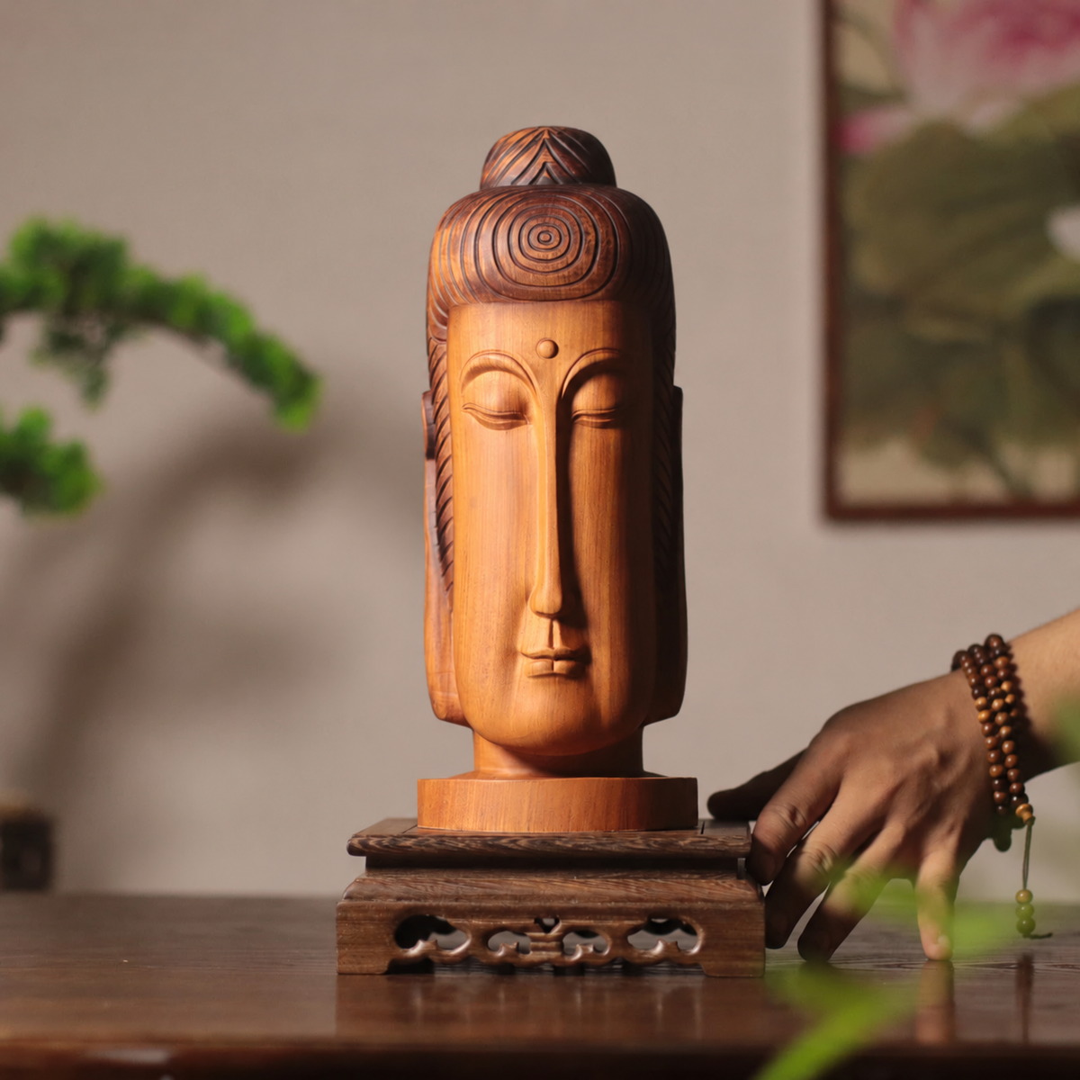 Minimalist Buddha Face Sculpture in Huali Wood