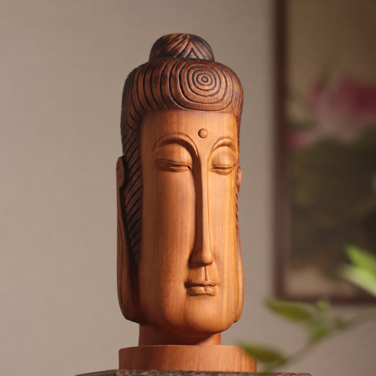 Minimalist Buddha Face Sculpture in Huali Wood
