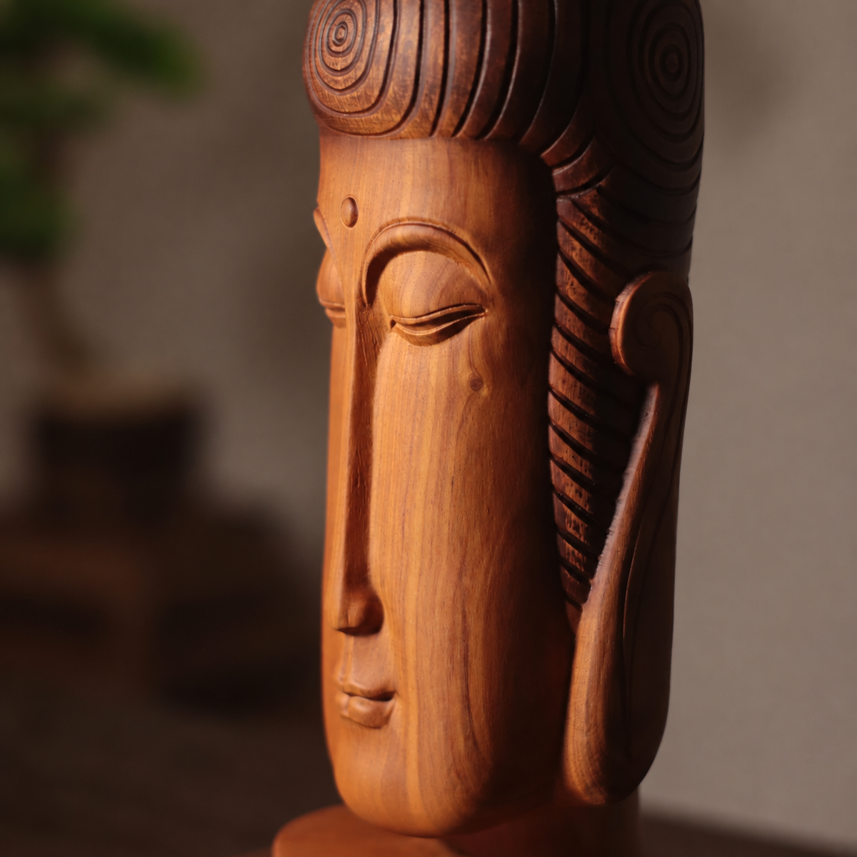 Minimalist Buddha Face Sculpture in Huali Wood