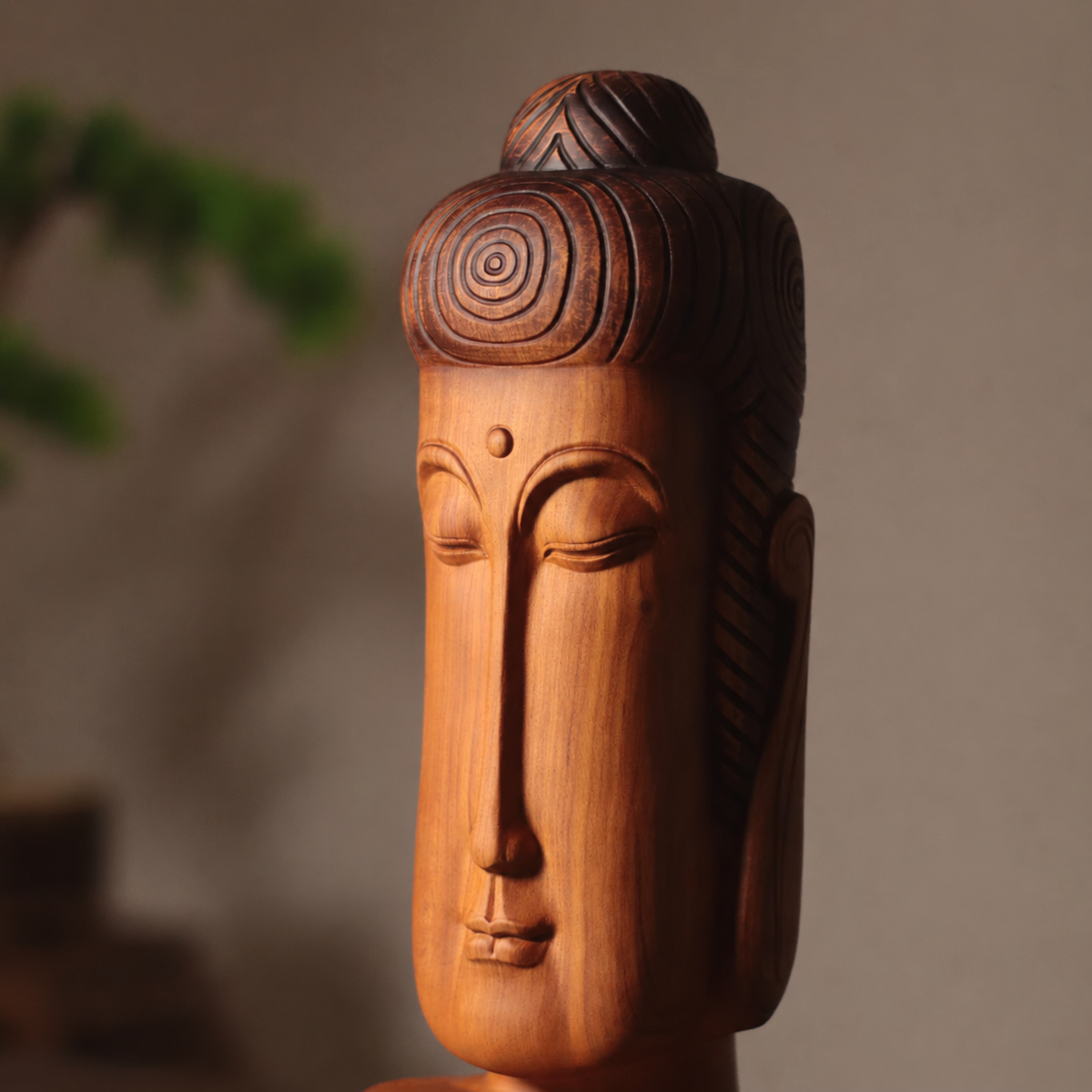 Minimalist Buddha Face Sculpture in Huali Wood