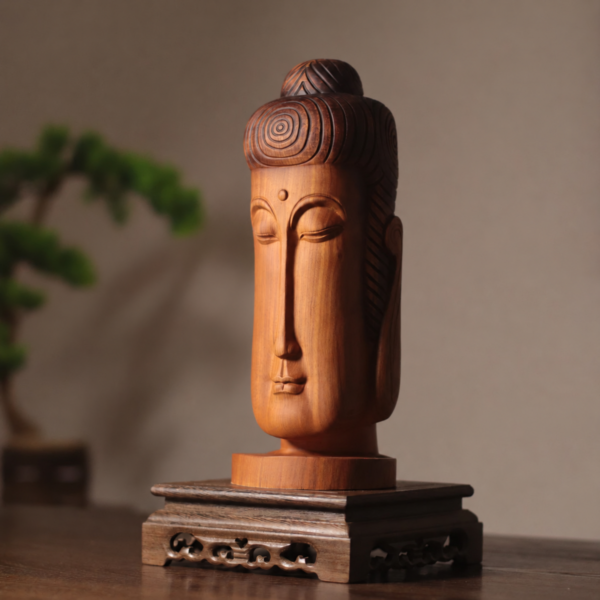 Minimalist Buddha Face Sculpture in Huali Wood