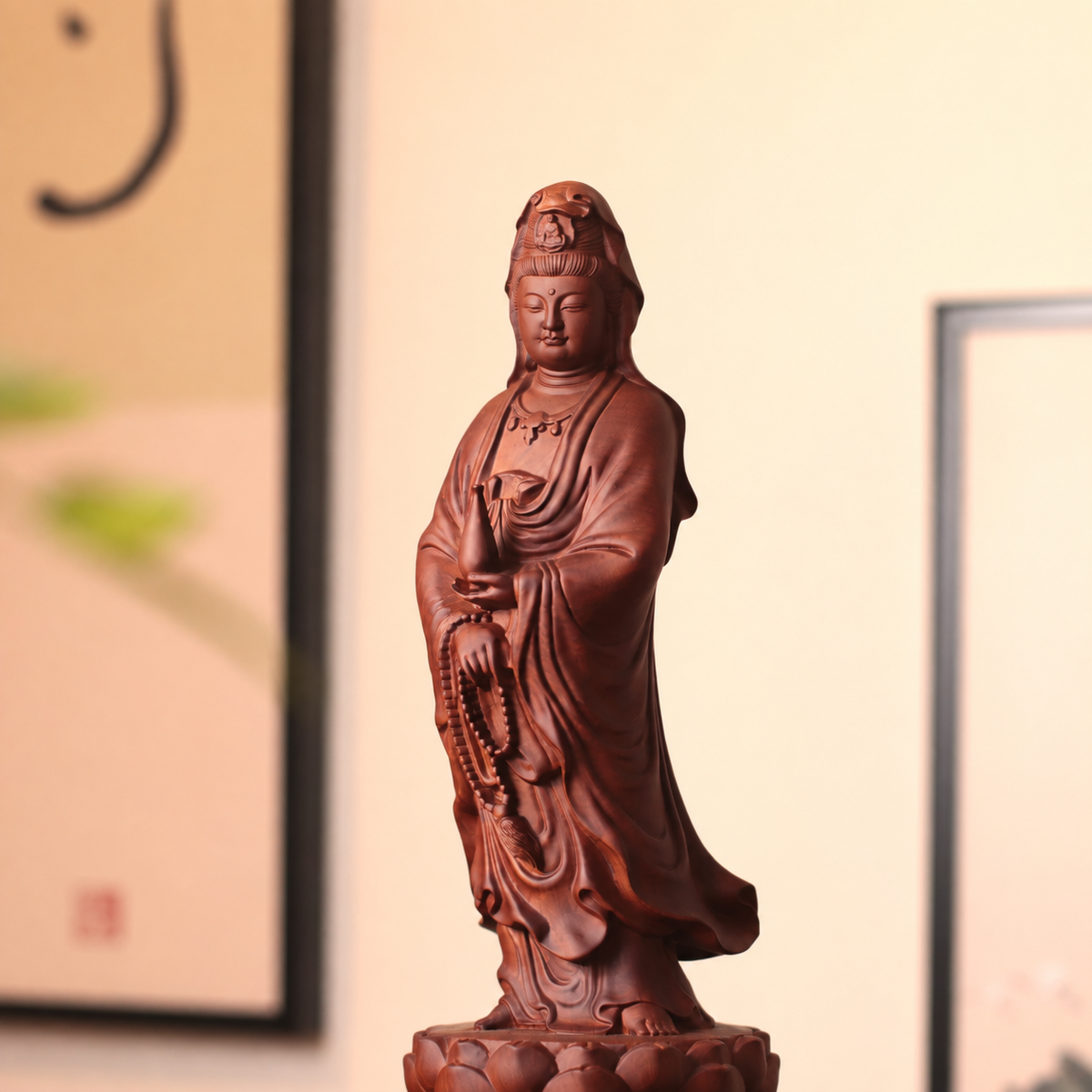 Standing Guanyin with Vase & Beads in Huali Wood