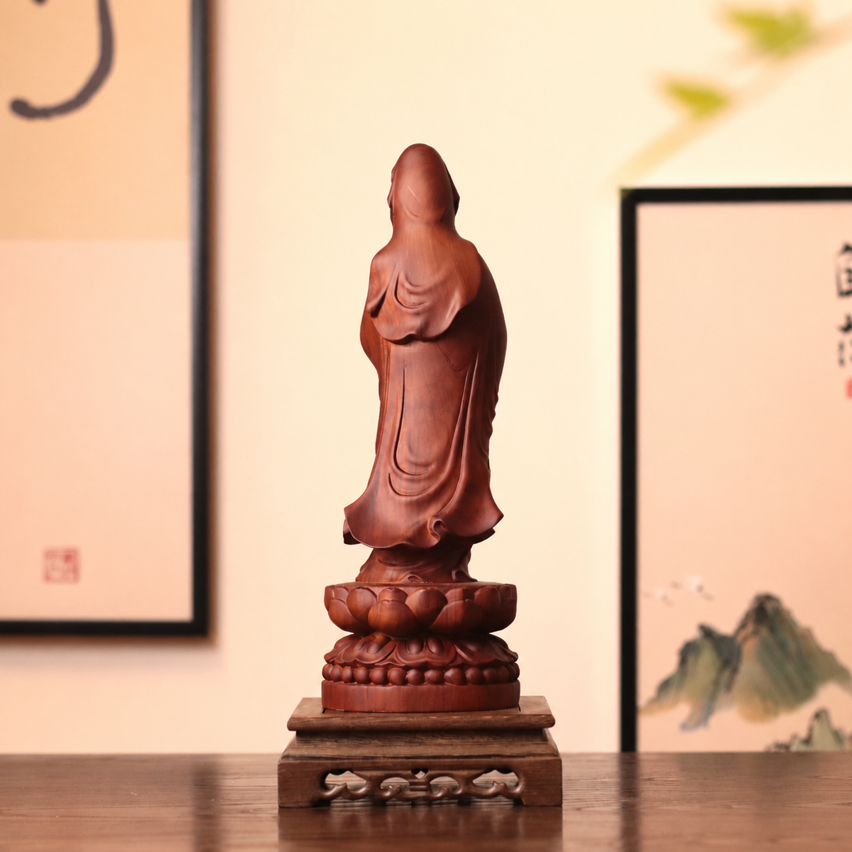 Standing Guanyin with Vase & Beads in Huali Wood